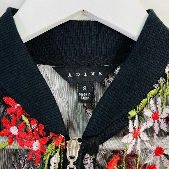 CLEARANCE - Adiva Black Mesh Full Zip Bomber Jacket with Floral Embroidery - Picture 4 of 5